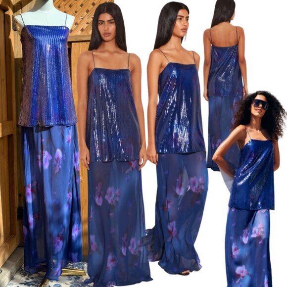 🆕 RAT & BOA 🧿 NWOT Violetta Blue Sequin & Floral Printed Maxi Dress, Sz XXS - Picture 1 of 15